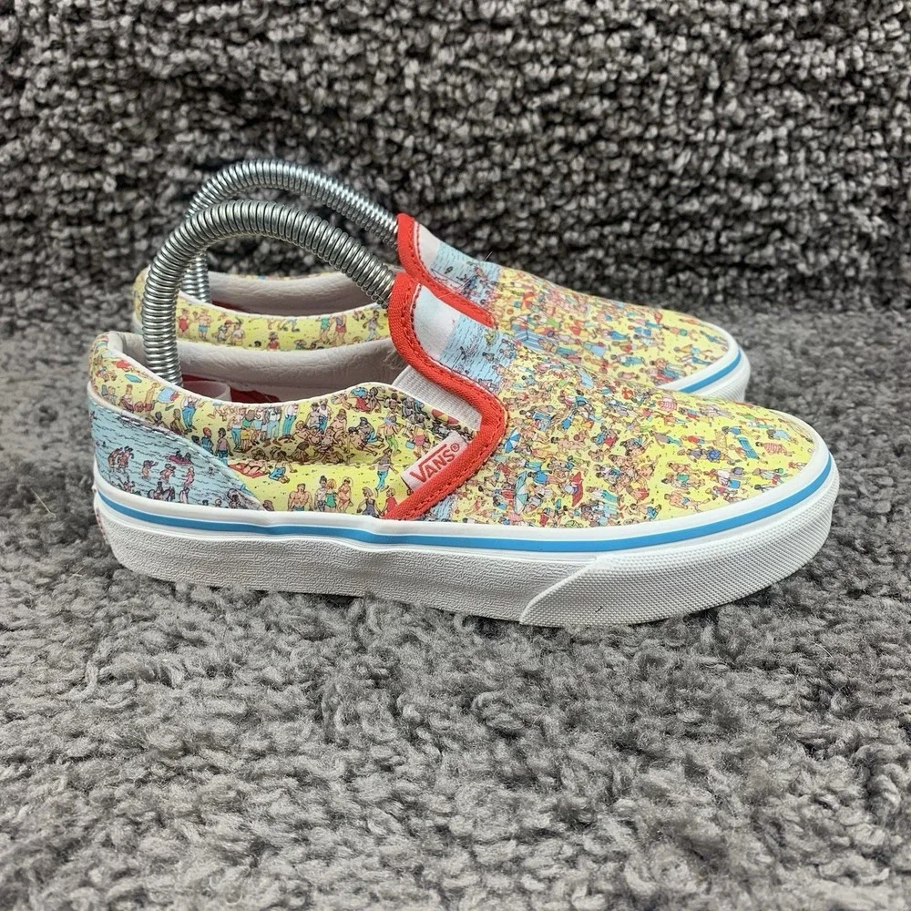 Vans X Where's Waldo Slip-On Kids Size 2 Shoes Red/Yellow Canvas